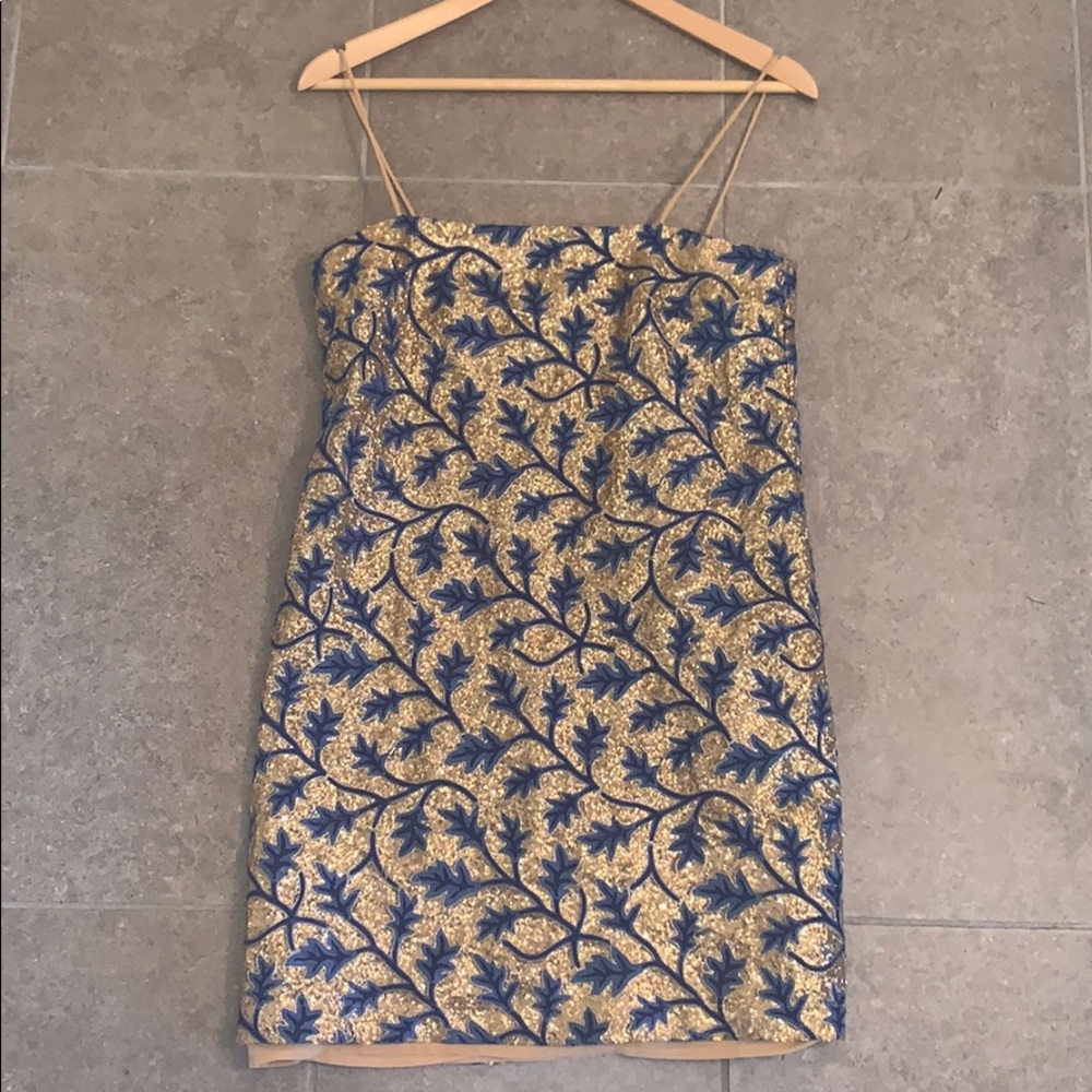 Anthropologie Blue Gold Motif Dress